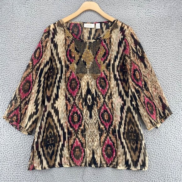 Chicos Top Womens 1 US Medium Brown Multi Ikat Embellished 3/4 Sleeves Blouse - Picture 1 of 9